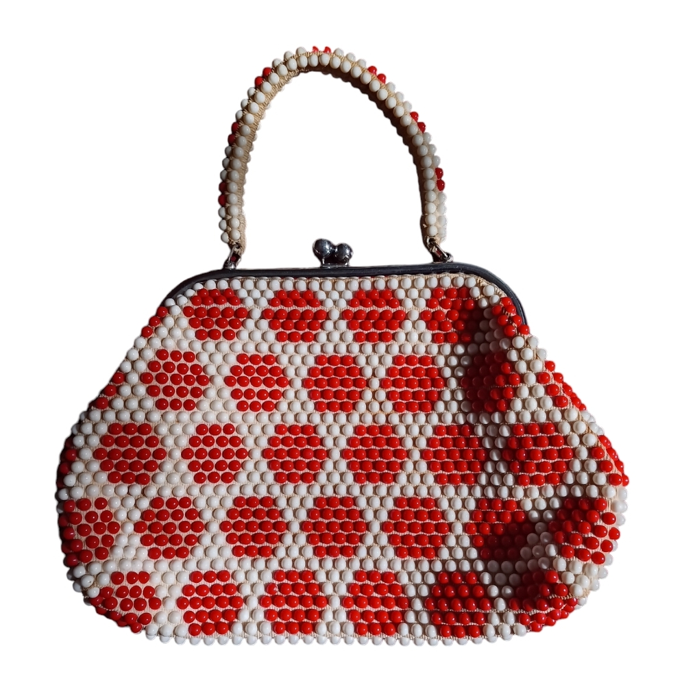Vintage Large Red & White Beaded Bag. HOT!